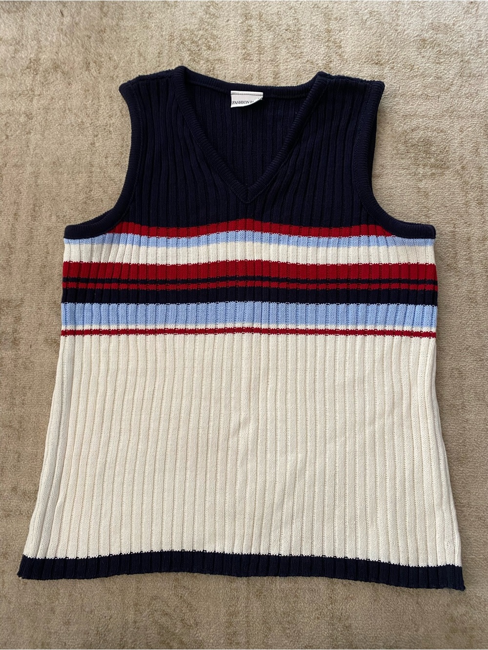 Fashion Bug Navy, Cream & Red Striped V-Neck Sweater Vest